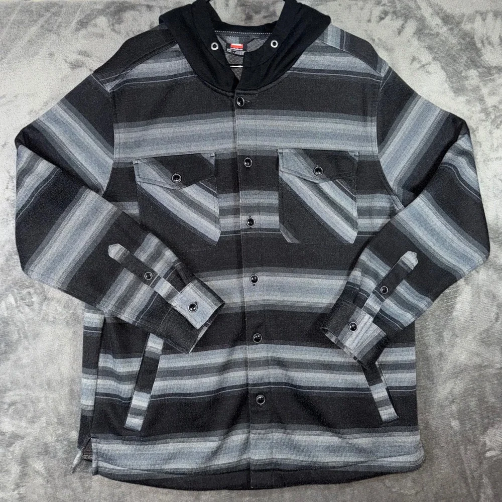 Mens Medium Quiksilver Shirt Jacket Black Grey Excellent Striped Hooded Flannel